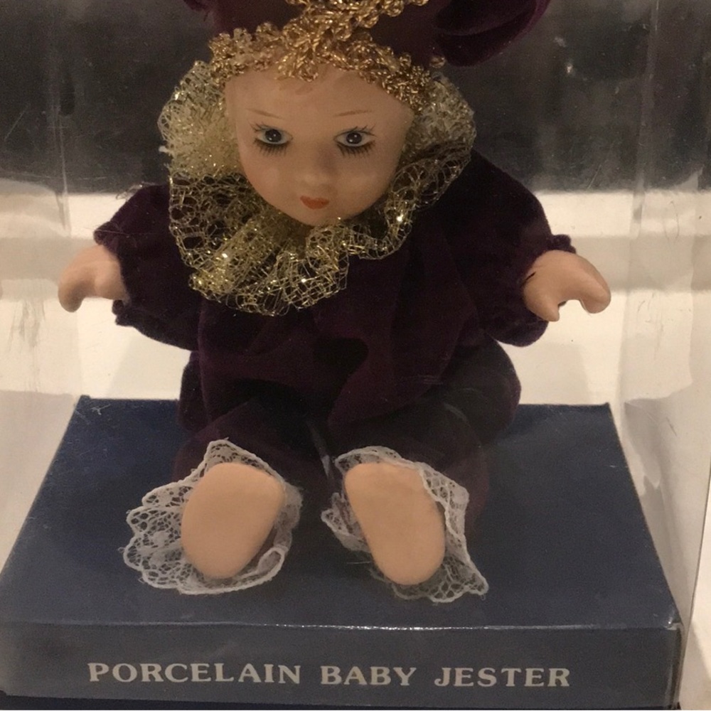 Vintage Porcelain Mini Baby Jester Doll Purple Velvet Clothes New In Box
